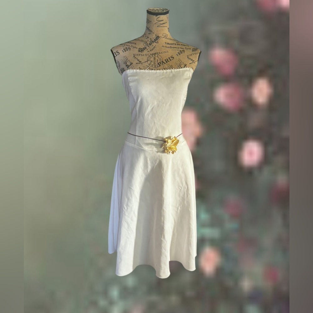 Charlotte Russe White Strapless A-Line Dress with Gold Floral Belt